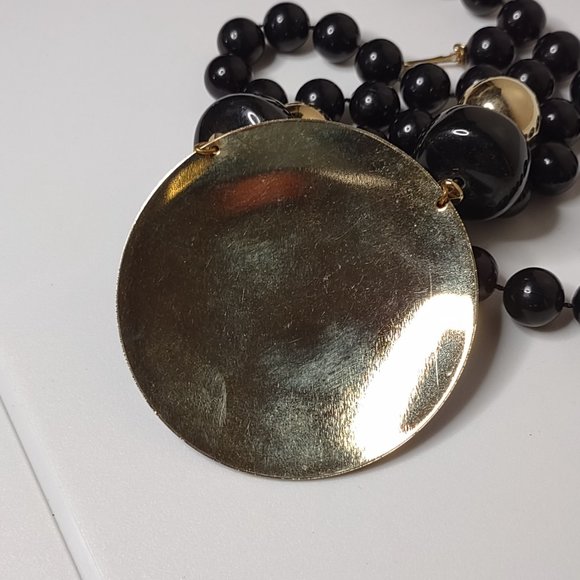 Black Plastic Bead Necklace With Large Metal Blue Pendant 25 Inches Long - Picture 10 of 12